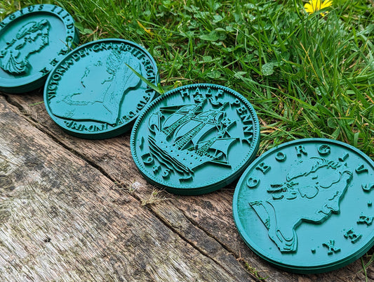 "The Big Greenie" Pre-decimal Coaster Set x4