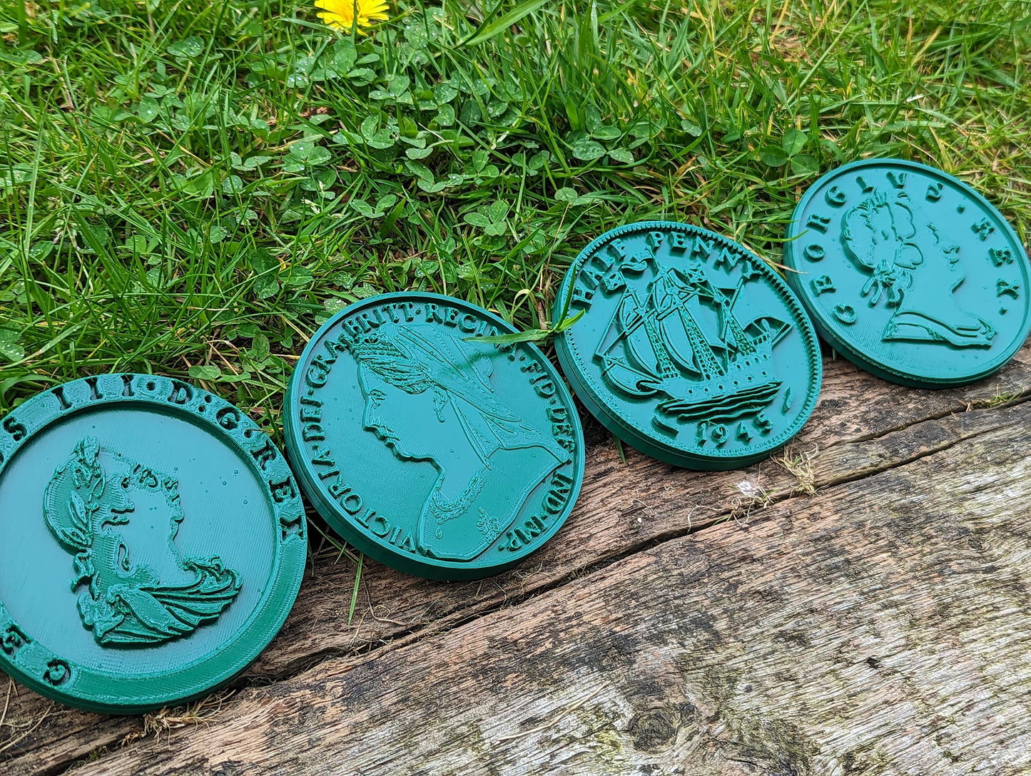 "The Big Greenie" Pre-decimal Coaster Set x4