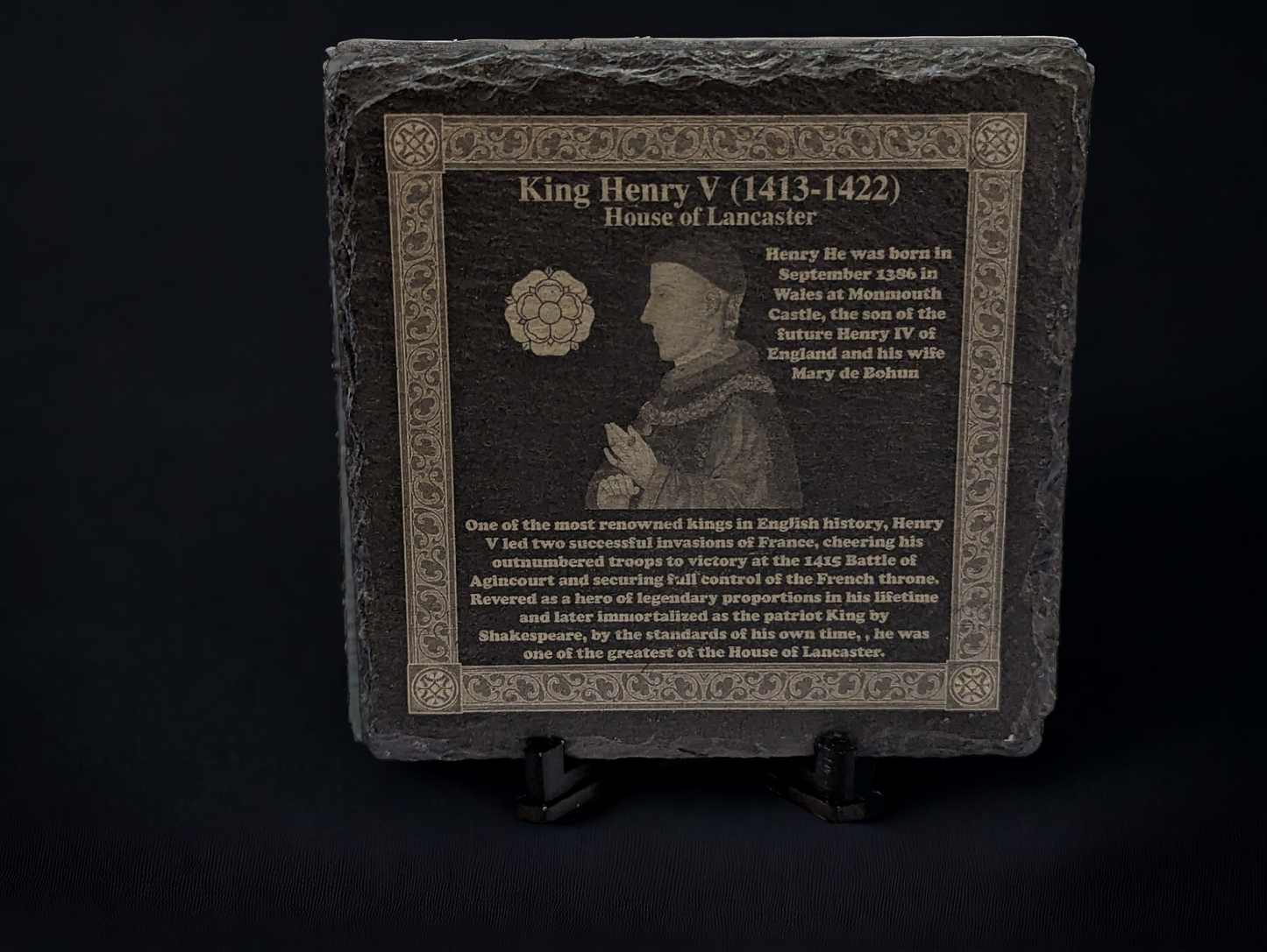 "History Of" Engraved Slate Coasters (Set of 4) + easels and holder